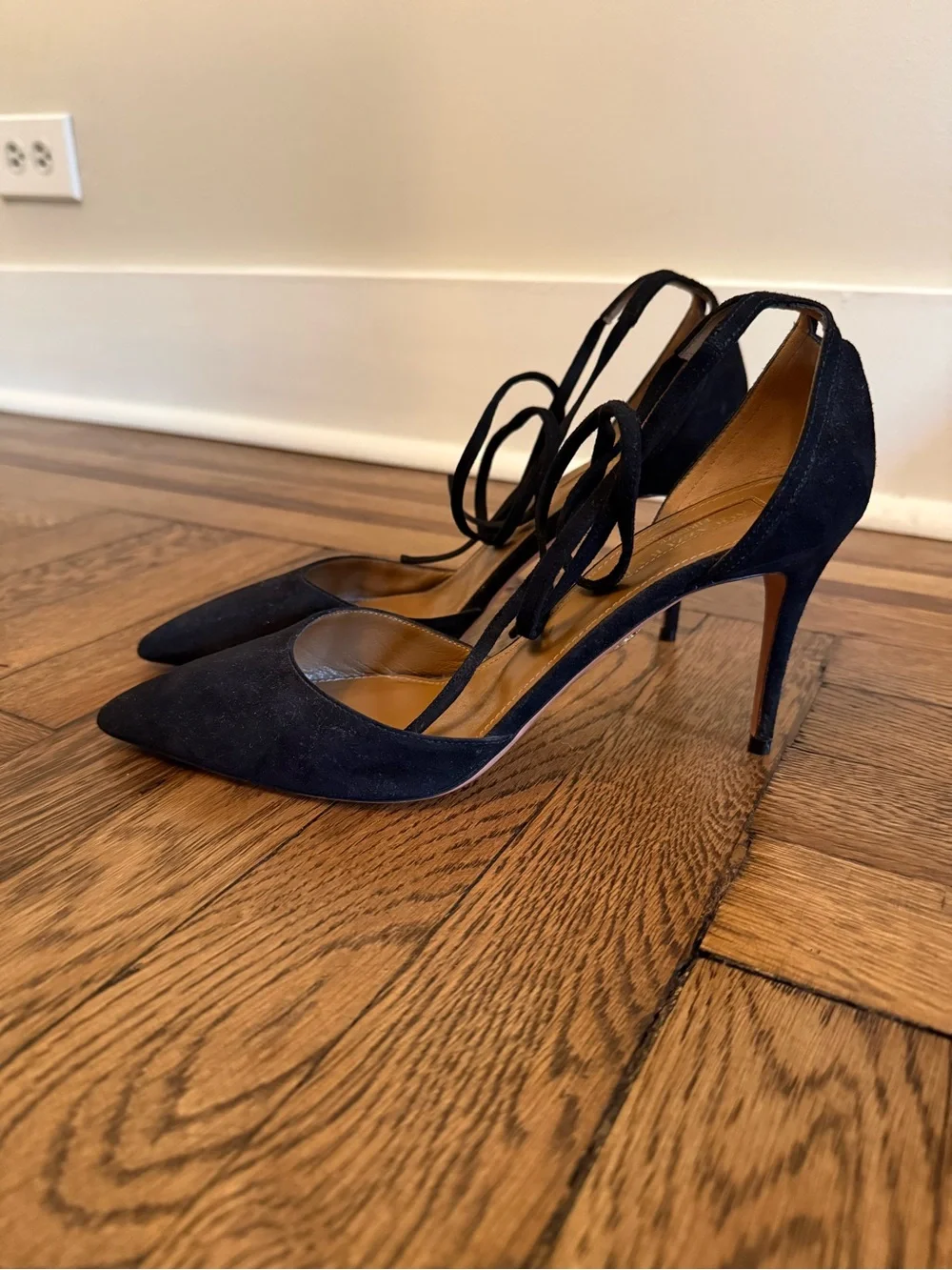 Aquazzura Black Suede Pointed-Toe d’Orsay Stiletto Heels with Ankle Tie